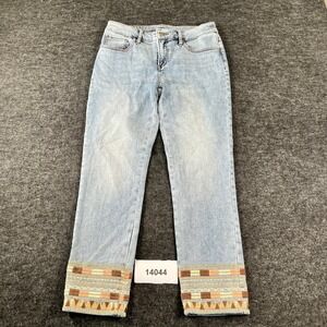 Chicos Jeans Womens 00R Blue Cotton Stretch Embroidered Cuff Slim Straight Leg